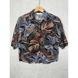 Vintage David Benjamin Botanical Print Boxy Button Down Camp Shirt Tropical Leaf